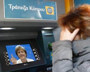 BANK ROBBER: Hard-up Cypriots blame Germany's Angela Merkel for their misery, as this satirical ATM image shows