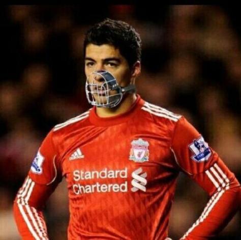 MUZZLE HIM? Could this be the answer to curbing Suarez's penchant for make a meal out of opponents?
